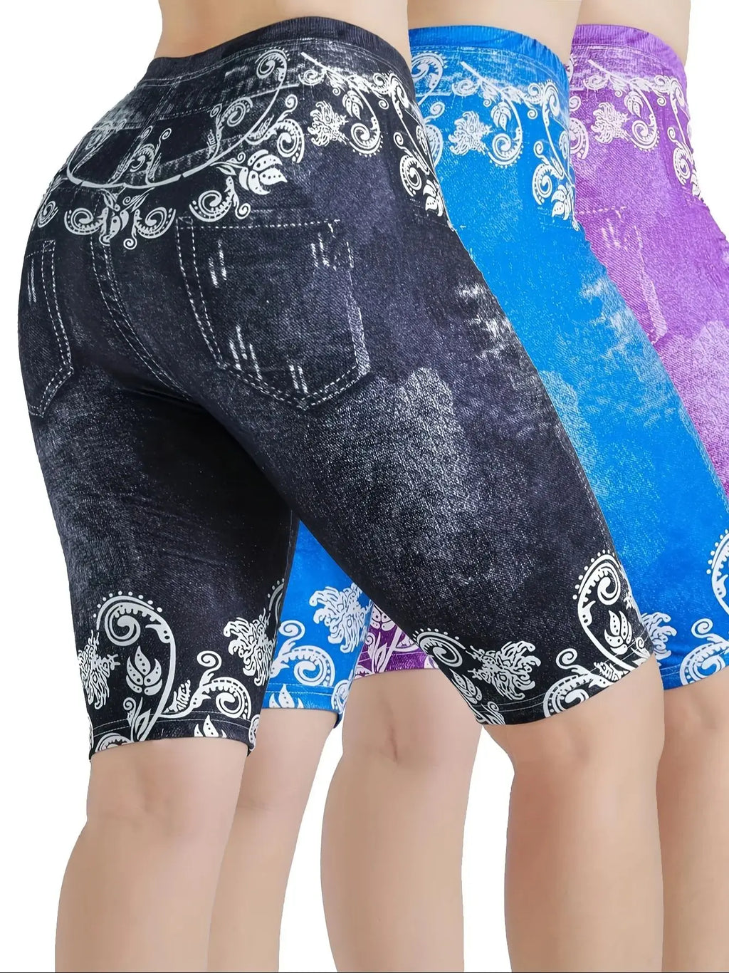 3 Piece Set Of Lmitation Denim Leggings For Women Butterfly Waist Fruit Flower Elastic Shorts High Waist Casual