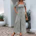 Bohemian Vacation Holiday Jumpsuit Women Pleated Wide Leg Rompers Chiffon Print Ethnic Playsuit Summer Casual Jumpsuits
