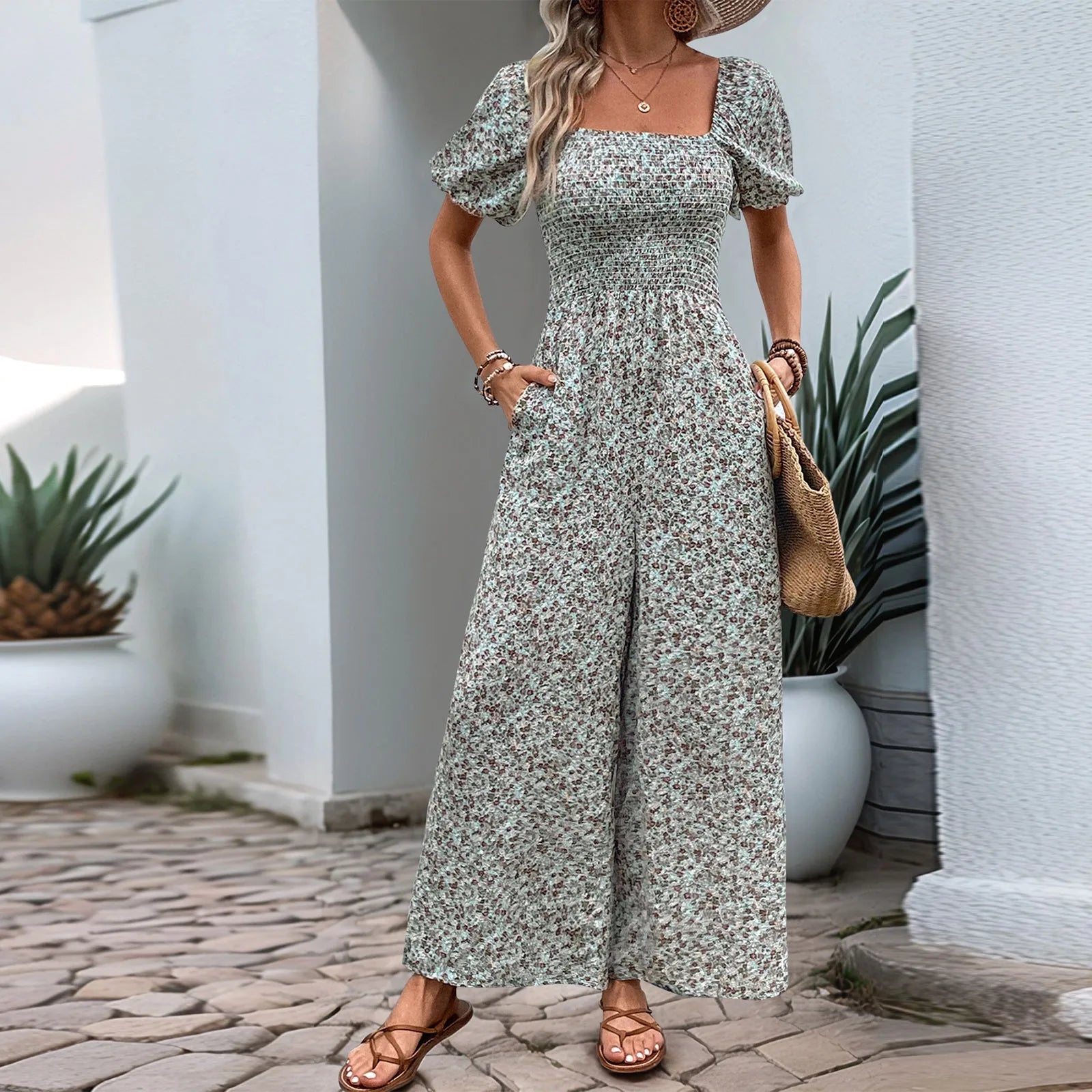 Bohemian Vacation Holiday Jumpsuit Women Pleated Wide Leg Rompers Chiffon Print Ethnic Playsuit Summer Casual Jumpsuits