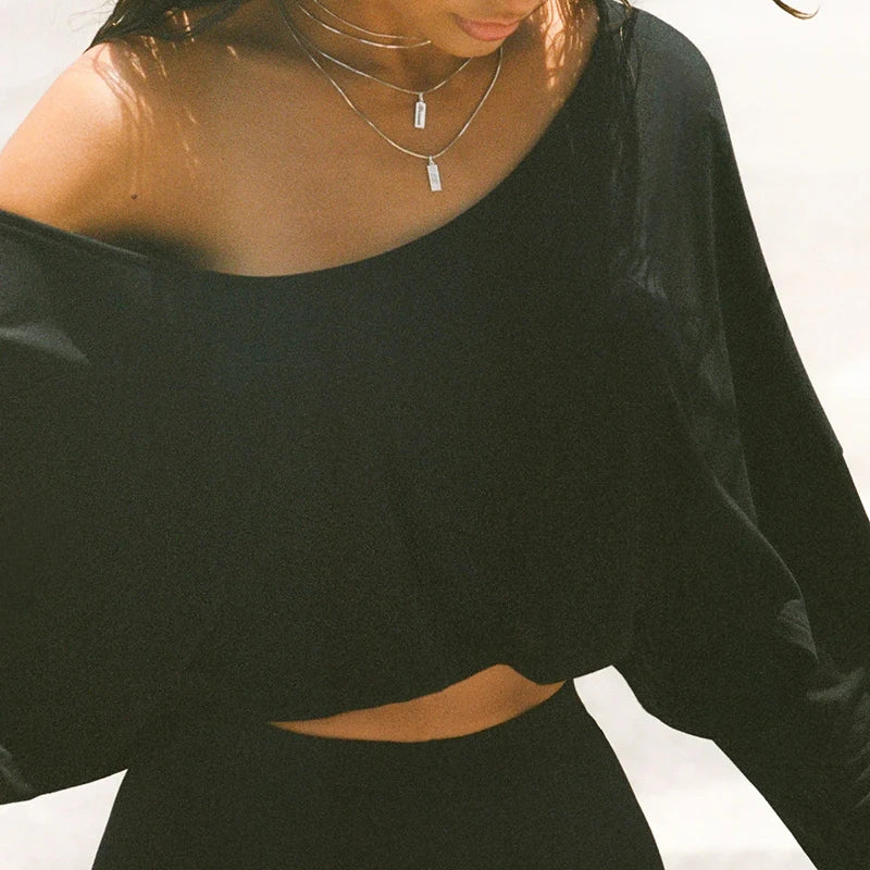 BIIKPIIK Casual Off Shoulder Solid Knitted Tops Concise Skew Collar Long Sleeve Autumn Tees For Women Sporty Irregular T-shirts