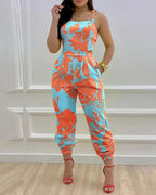 Elegant Women's jumpsuit 2024 Summer Fashion Strap Hollow Sexy Off waist Printed jumpsuit