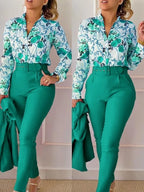 Autumn Winter Stand Neck Floral Print Long Sleeve Shirt Pants Two Piece Sets Elegant Women Casual Shirt Trousers Suits With Belt