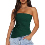 920L Strapless Ruched Asymmetrical Tube Top for Women Off Shoulder Bandeau Shirt Solid Color Side Split Fit Top