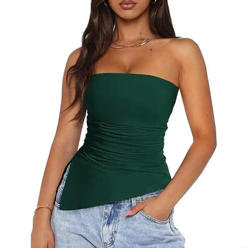 920L Strapless Ruched Asymmetrical Tube Top for Women Off Shoulder Bandeau Shirt Solid Color Side Split Fit Top