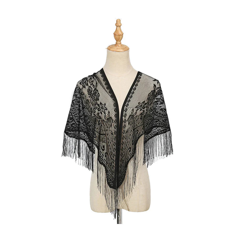 2024 White/Black Catholic Woman Spanish Style Lace Tassel Church Veil Head Covering Long Veil Floral Scarves Wedding Accessories