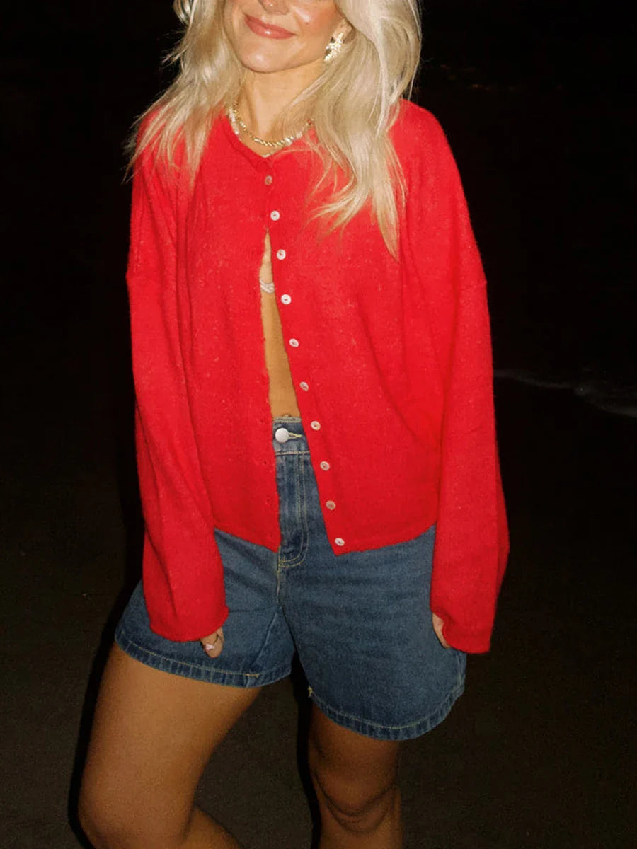 Combhasaki Women's Y2K Chic Solid Color Knitwear Cardigan Fuzzy Long Sleeve Button-down Front Closure Loose Fit Basic Sweaters