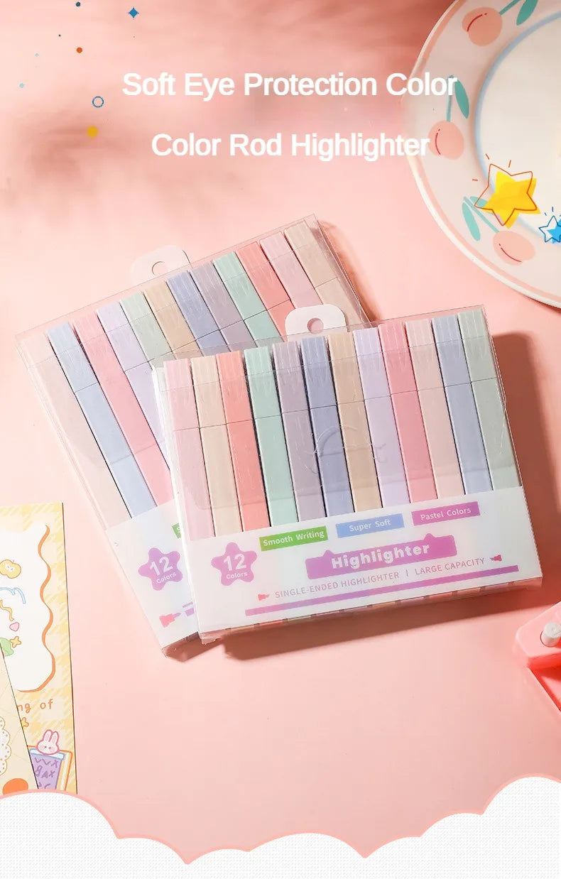 12 Pcs/Set Double Tip Highlighter Pens Kawaii Manga Markers Midliner Pastel Gel Set Stationery Journal School office Supplies