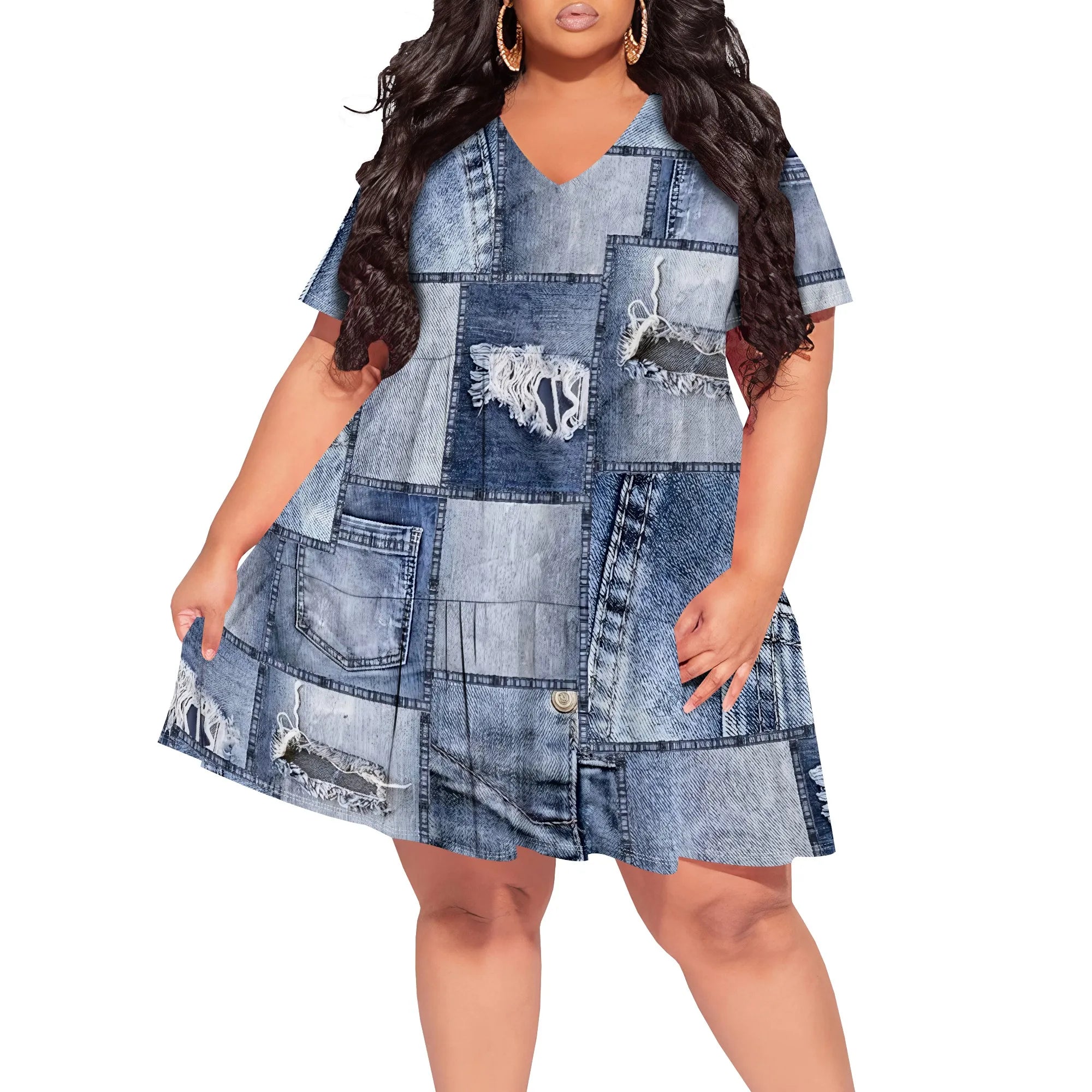 Denim Patchwork Lace-up V-neck Short Sleeve Dress - Women's Vintage Rugged Casual Party Festival Summer