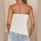 920L Strapless Ruched Asymmetrical Tube Top for Women Off Shoulder Bandeau Shirt Solid Color Side Split Fit Top