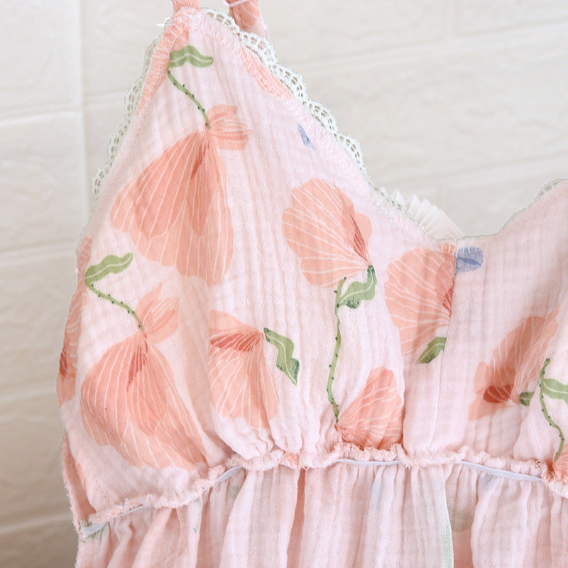 2025 New Summer Women's Pajama Set 100% Cotton Suspenders+Shorts with Chest Pads Two Piece Set of Ladies Flower Home Furnishings