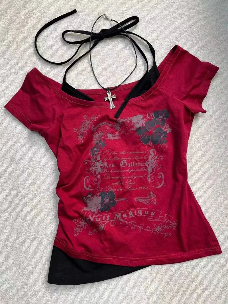 American Retro Sweetheart Red Lips Letter Print Slim Short-sleeved T-shirt Women Summer Fashion Street Hot Sexy Casual Top