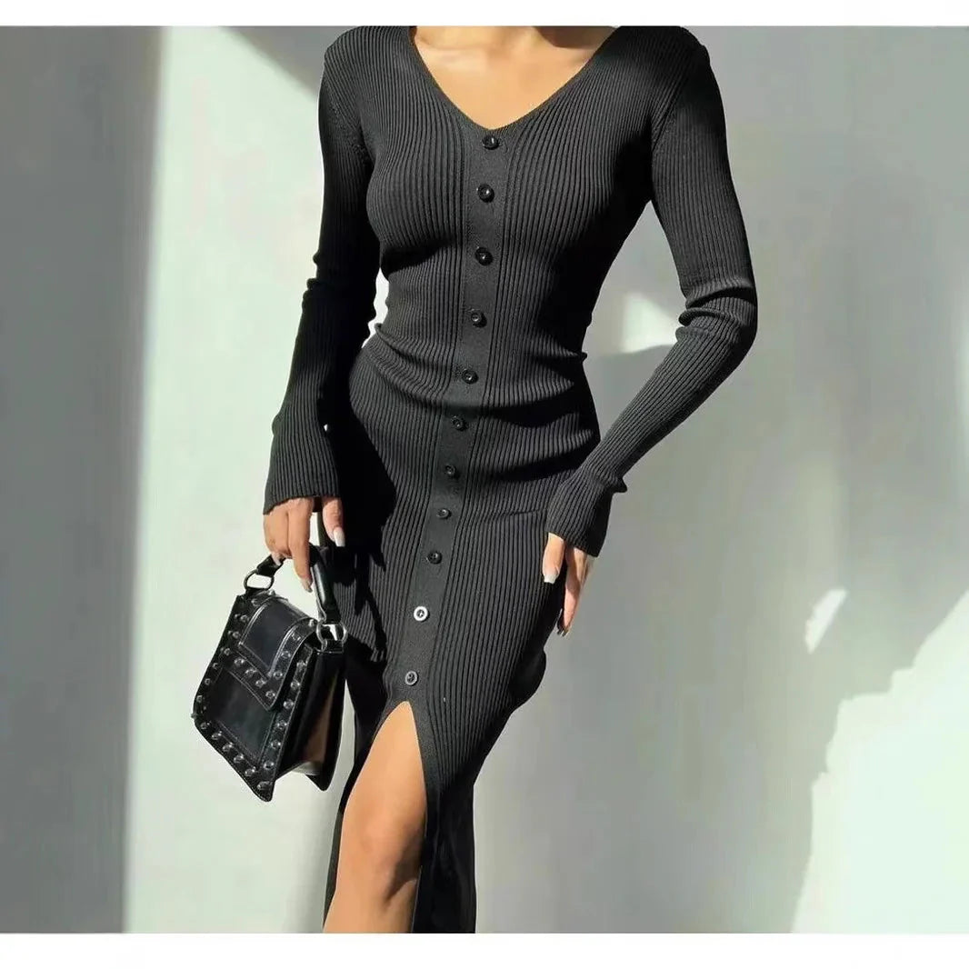 2025 Knitted Dress For Women Vintage Fashion Long Sleeve Dresses Solid Single Breasted V Neck Midi Autumn Winter Dress Скучать