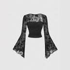 Design Sensation Lace Splicing Long Sleeve Mesh T-Shirt Sexy Elegant Style Full Sleeve Square Collar Polyester Fiber Top
