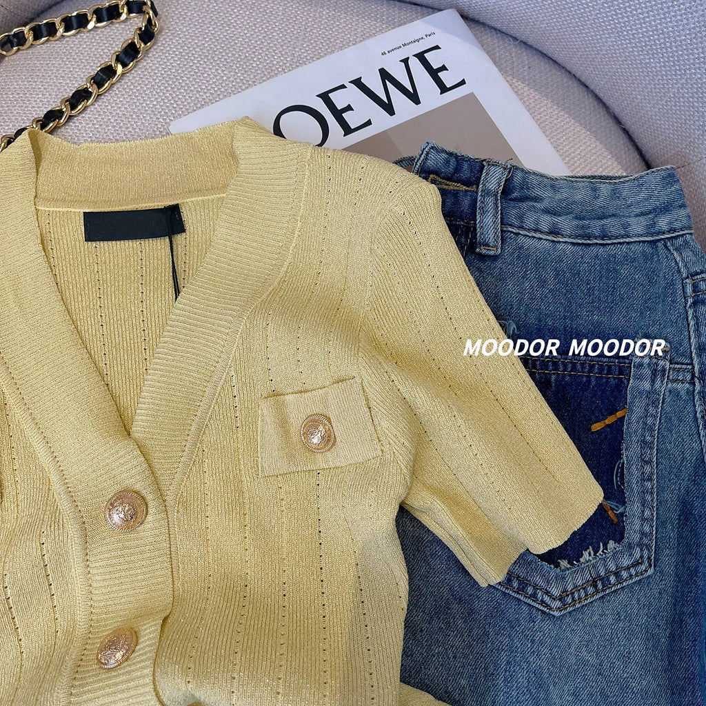 Elegant Gold Button Ice Silk Sweater Cardigan 2025 New Thin V-neck Knitted Short Sleeved Tee Women's Summer Hollow Slim Fit Top