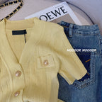 Elegant Gold Button Ice Silk Sweater Cardigan 2025 New Thin V-neck Knitted Short Sleeved Tee Women's Summer Hollow Slim Fit Top