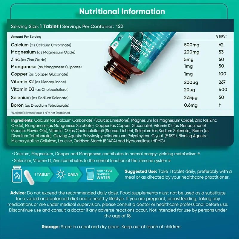 Calcium, Magnesium, Zinc and Vitamin D Supplement - Supports Immune System and Bone Health and Enhances Nutrient Absorption