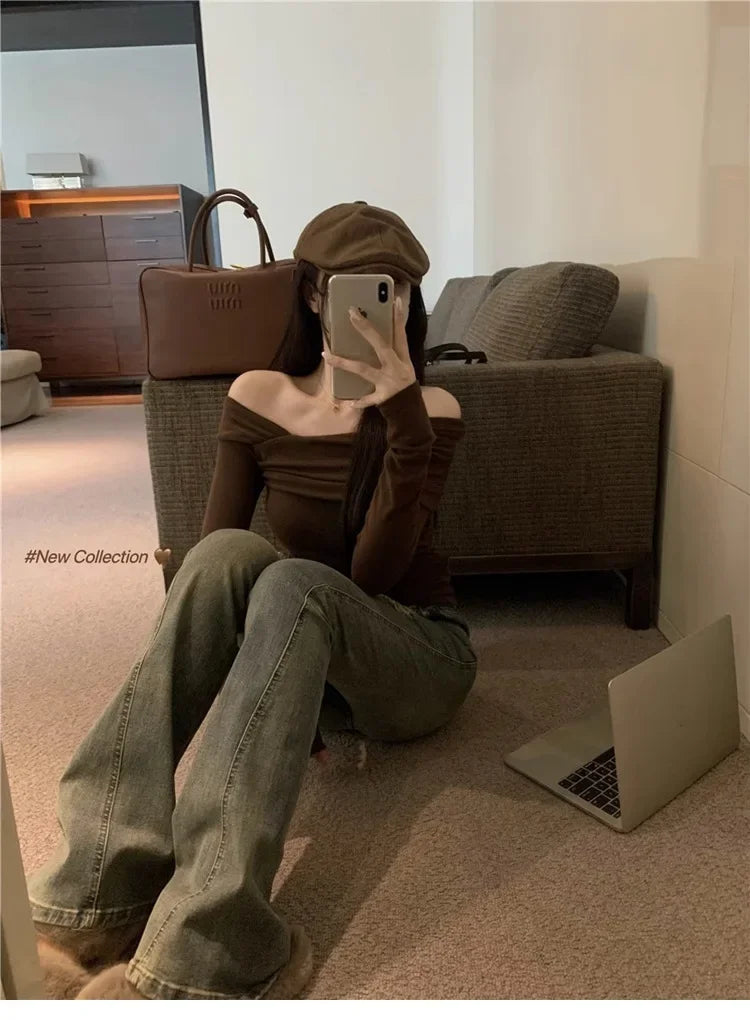 Elegant Off-Shoulder Long Sleeve Knitted Top For Women 2023 Autumn Slimming Smooth Base Layer T-Shirt Polyester Fiber Full Sleev