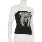 CIBBAR Gothic Print Black Tube Top Women Strapless Skinny Cropped Tops Summer Casual Chic Graphic Tees y2k Streetwear Vest Basic