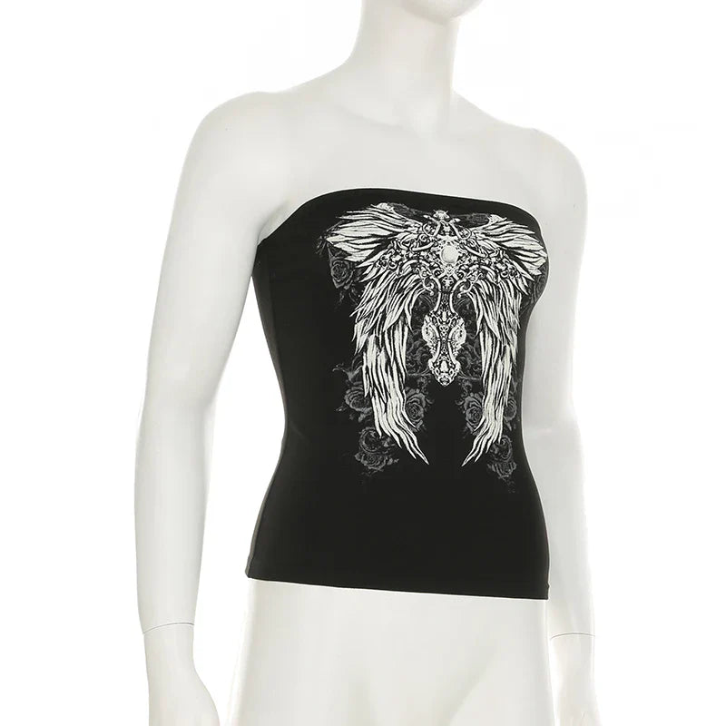 CIBBAR Gothic Print Black Tube Top Women Strapless Skinny Cropped Tops Summer Casual Chic Graphic Tees y2k Streetwear Vest Basic