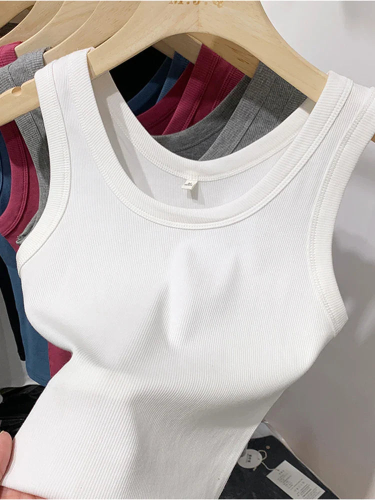 2025 Summer Women Sleeveless Tank Tops Fashion Crop Top O-neck Fitness Knitted Ribbed Vest Female Solid Camis Cropped Streetwear