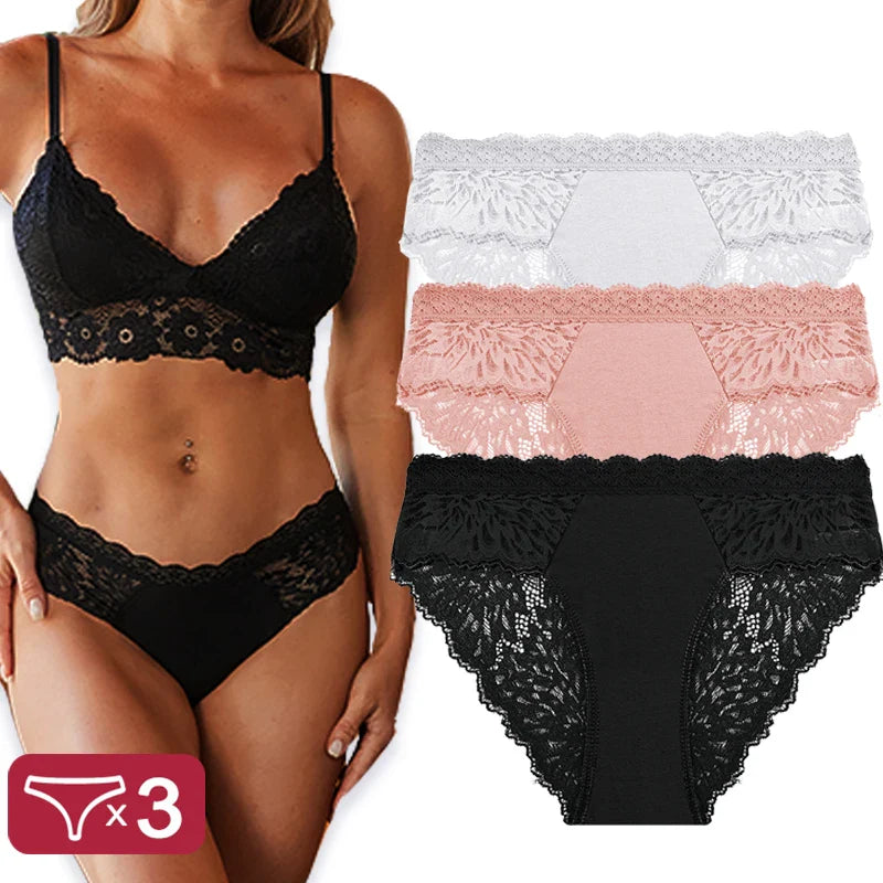 3PCS/Set Sexy Perspective Women Back Lace Panties Patchwork Cotton Underpants Hollow Out Lingerie Underwear Comfortable Briefs