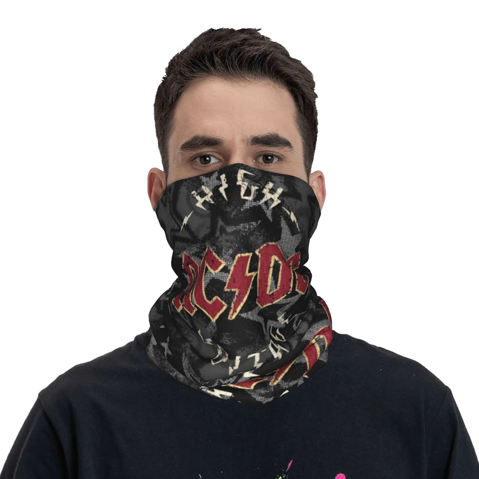 Custom Black AC DC Logo Camouflage Heavy Metal Band Bandana Neck Warmer Women Men Winter Hiking Ski Scarf Gaiter  Face Cover