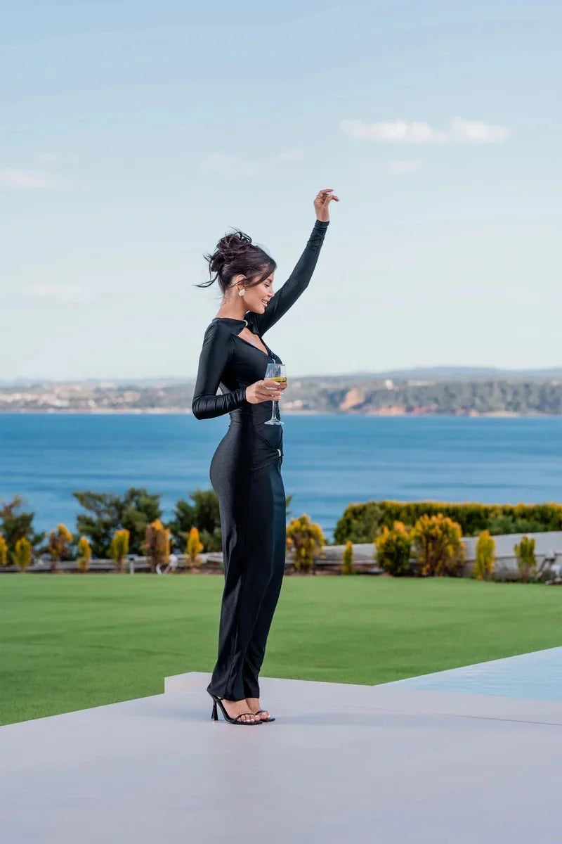 Articat Sexy Hollow Out Long Sleeved Elastic Tight Dress Women Pleats Double Layered Female Vestidos Elegant Party Evening Dress