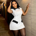 Elegant Fashion A-line Mini Dress Women Peter Pan Collar Cap Sleeve Pockets Patchwork Sheath High Waist Party Club Short Dresses