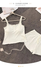 Casual Women Pajamas Summer Sleepwear Spaghetti Strap Shorts Sets 2 Pieces Night Wears O-neck Korean Sleeping Solid Home Suit