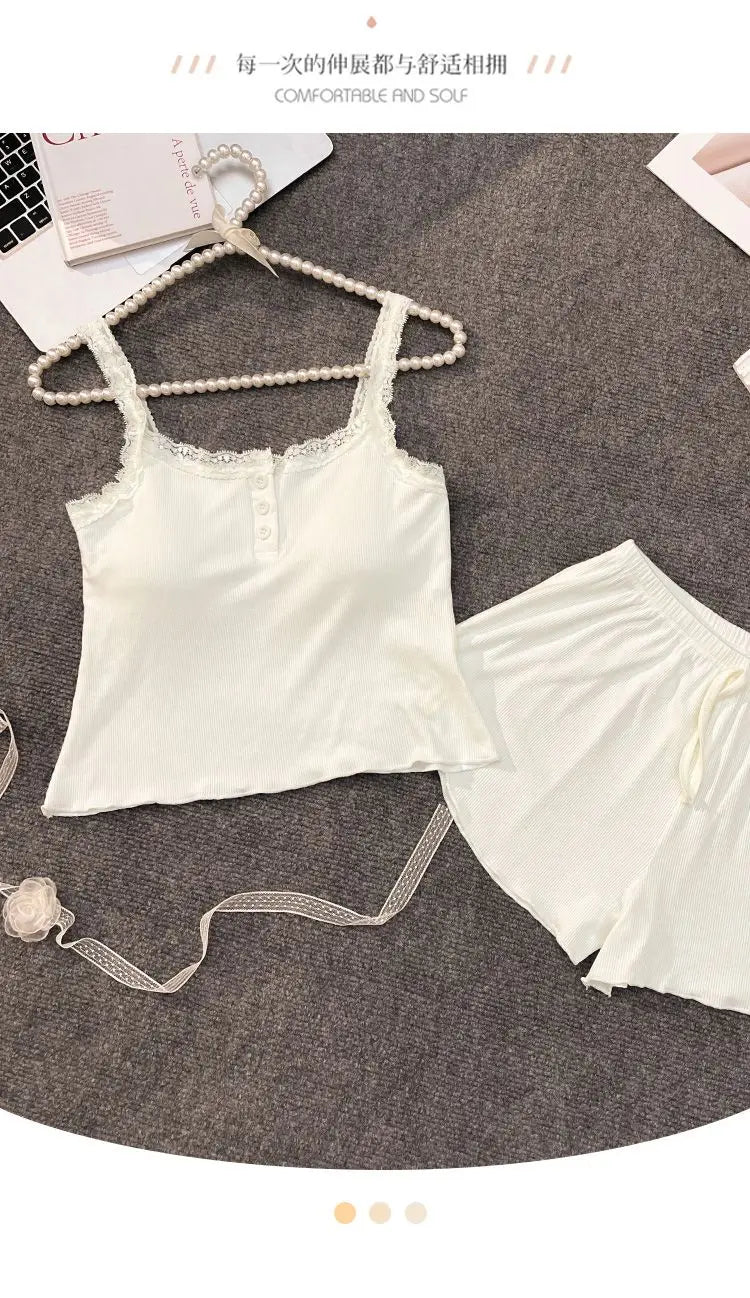 Casual Women Pajamas Summer Sleepwear Spaghetti Strap Shorts Sets 2 Pieces Night Wears O-neck Korean Sleeping Solid Home Suit