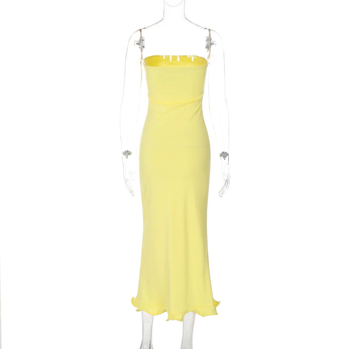 Dulzura Sleeveless Ruffles Patchwork Strapless Bodycon Midi Dress Women'S Solid Sexy Outfit Party Clubwear For Autumn Winter