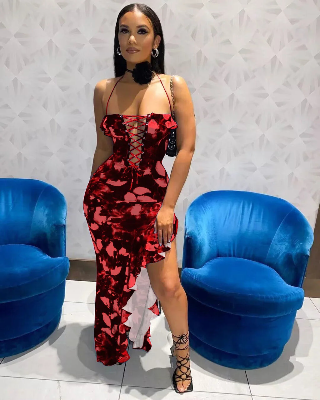 Dulzura Tie Dye Print Lace Up Side Slit Midi Dress For Women Ruffle Long Dress Bodycon Sexy Party Club Outfits 2024 Summer Y2K