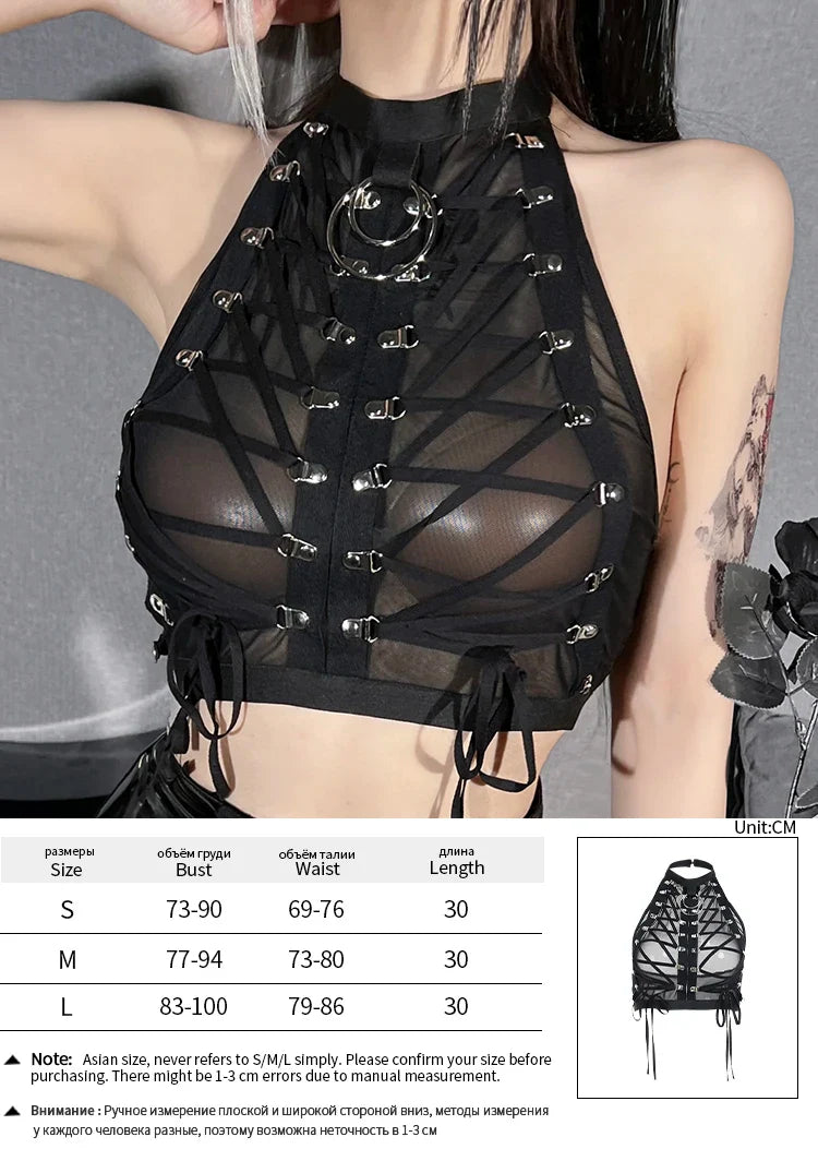 Gothic Punk Ring Halter Top Bodycon Lace Up Crop Bandage Tank Tops Y2k Mesh T Shirt Exotic Vest Sexy Hollow Out Backless Caims