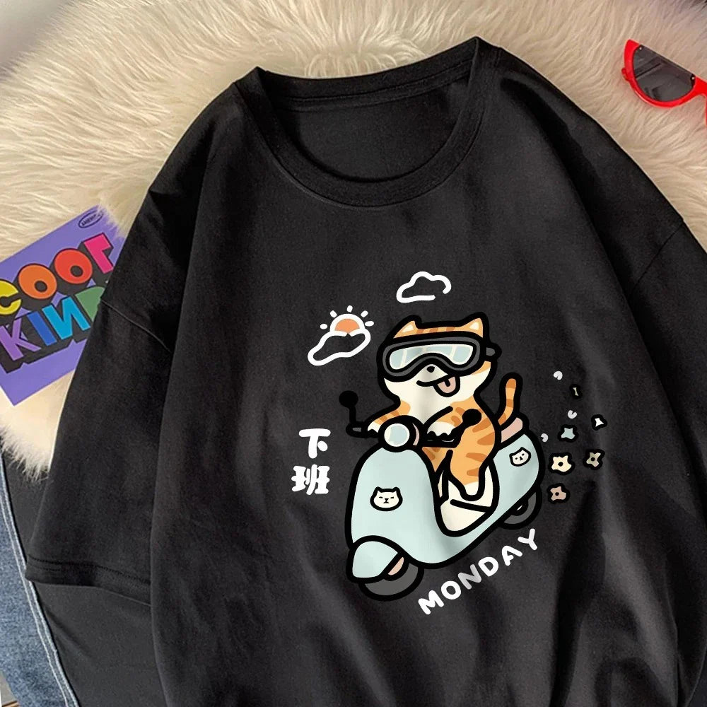 Cute Cat Riding Home After Work on Monday Women T-Shirts Cartoon Printed Tops Round Neck Soft T Shirt Summer Clothing
