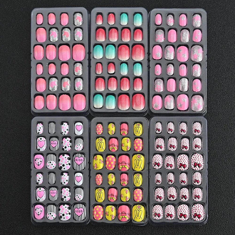 24Pcs Children Cartoon Nail Tips Colorful Cute Rabbit Pink Stars 6-14 Years old Girl Fake Nail With Jelly Glue Kids False Nail