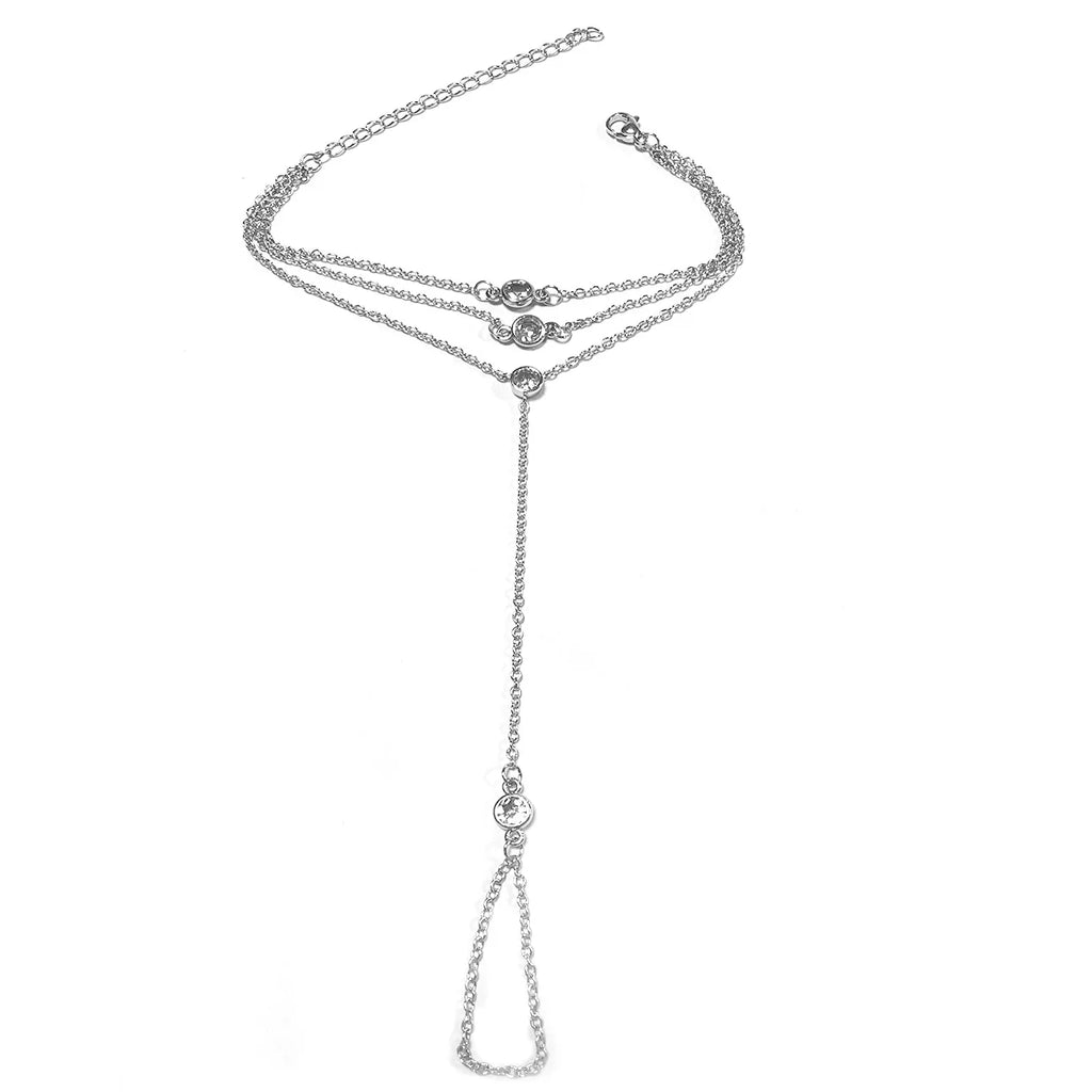 14K Gold Plated Titanium Fashion Bracelet for Women Dainty Triple Hand Chain Finger Bracelet with Zircon Crystal, Gifts for Girl