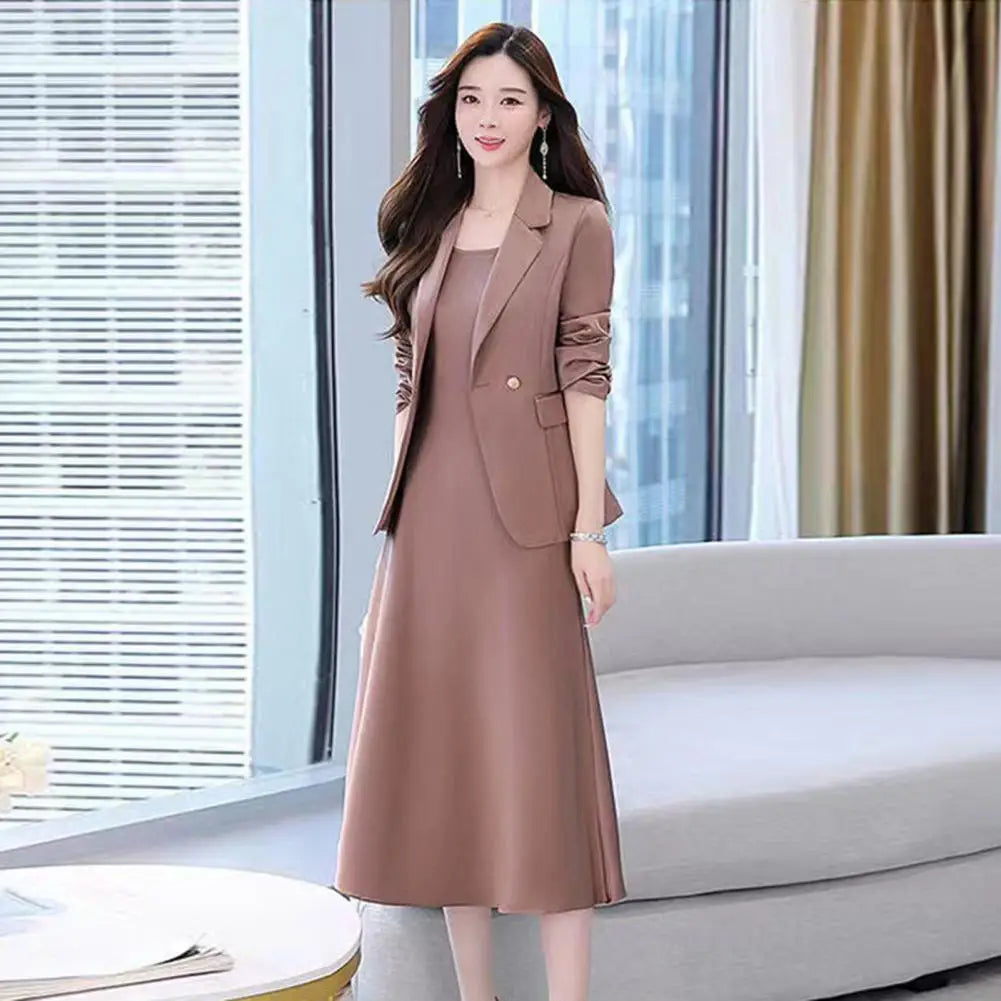 2Pcs/Set Summer Women Suit Dress Outfit  Solid Color Mid-length Lady Dress Sets Light Luxury Commute Sling Dress Coat Set