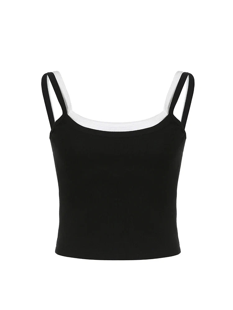 Contrast Fake Two-piece Crop Top Casual Patchwork Sleeveless Fashion Camis Vintage y2k Women Summer Tees Ladies Mini Vest