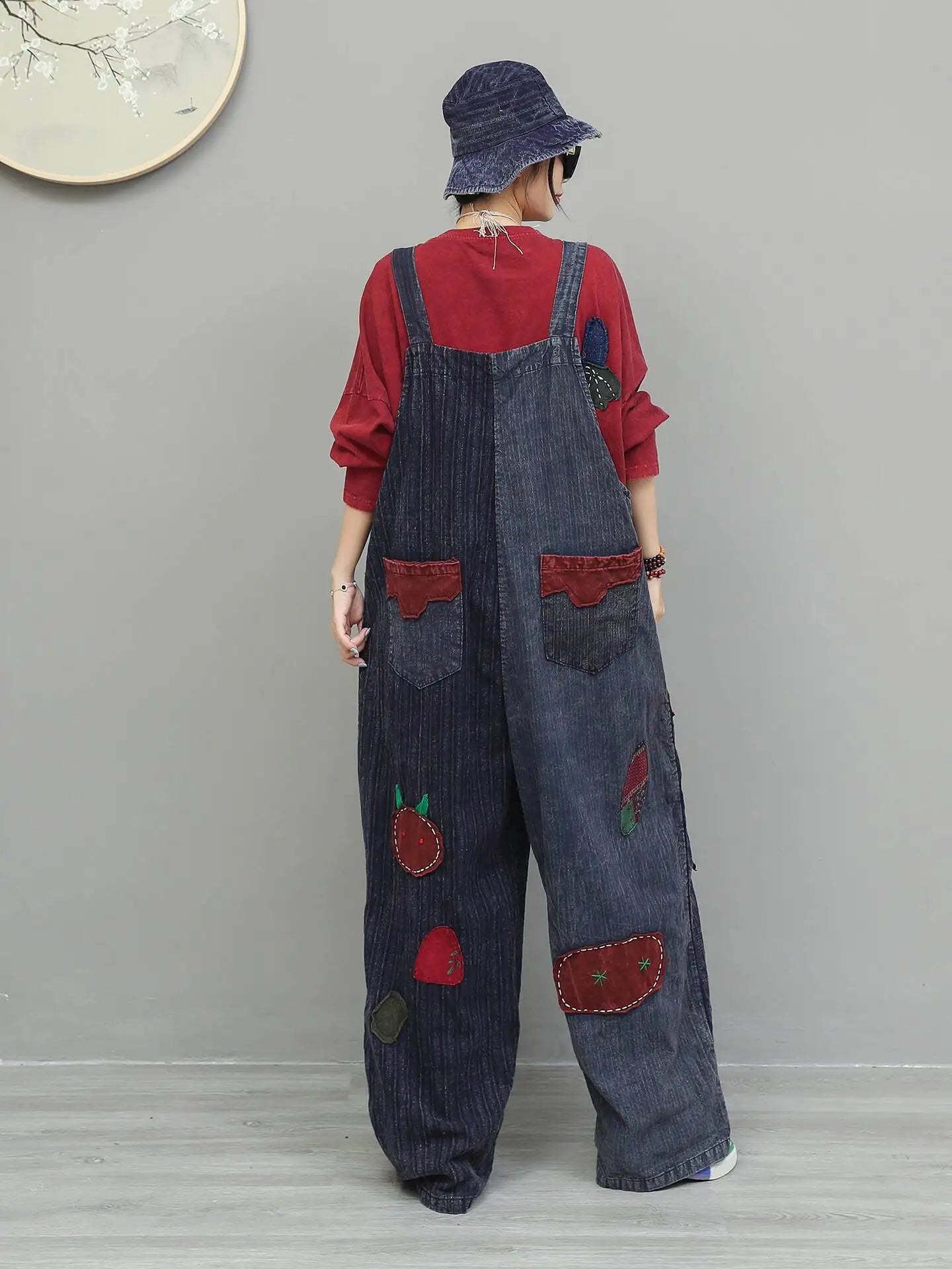Hand Embroidery Old Cloth Patchwork Wide Leg Strap Long Pants Women Autumn Loose High Waist Jumpsuit LX4343