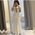 Elegant Denim Patchwork Knitted Long Dress Women Fashion V Neck Short Sleeved Buttons Bodycon Dresses Female White Pockets Robes