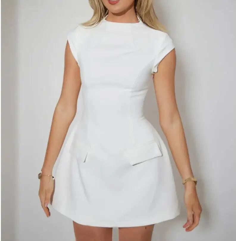 Elegant Slim Solid Mini Dress Women Summer Fashion O-neck Short Sleeve A-line Black Dresses Office Lady Chic Vestidos