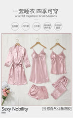 5PCS Women's Ice Silk Sexy Pajama Set Breathable Lace Satin Pajama Bathrobe Five Piece Set Casual Home Clothes Spring and Summer
