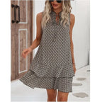 2025 Elegant Women's Casual Loose Ruffle Mini Dress Summer Bohemian Printed V-neck Lace-up Small Flying Sleeve Dresses For Women