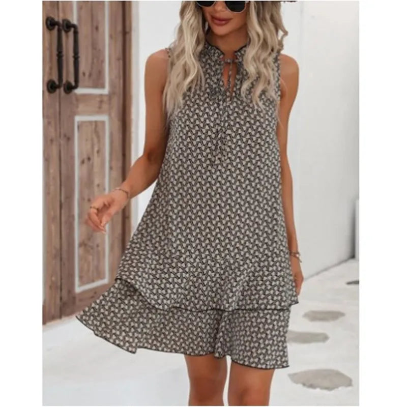 2025 Elegant Women's Casual Loose Ruffle Mini Dress Summer Bohemian Printed V-neck Lace-up Small Flying Sleeve Dresses For Women