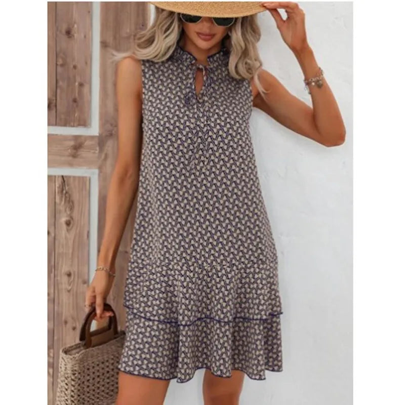 2025 Elegant Women's Casual Loose Ruffle Mini Dress Summer Bohemian Printed V-neck Lace-up Small Flying Sleeve Dresses For Women