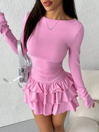 2025 Autumn Solid Slim Fit Cascading Ruffles Mini Dress Winter Women Elegant Flare Sleeve High Waist Sexy Party Bodycon Dresses