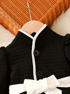 Baby Girls Fashion Autumn And Winter Thermal Belted Dress Set Princess Coat Classic Black And White Color Contrast Cardigan