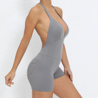 Gym Sport Jumpsuit Short Jumpsuit with Pocket Women Sportswear One Piece Yoga Set Sexy Backless Scrunch Fitness Overalls Romper