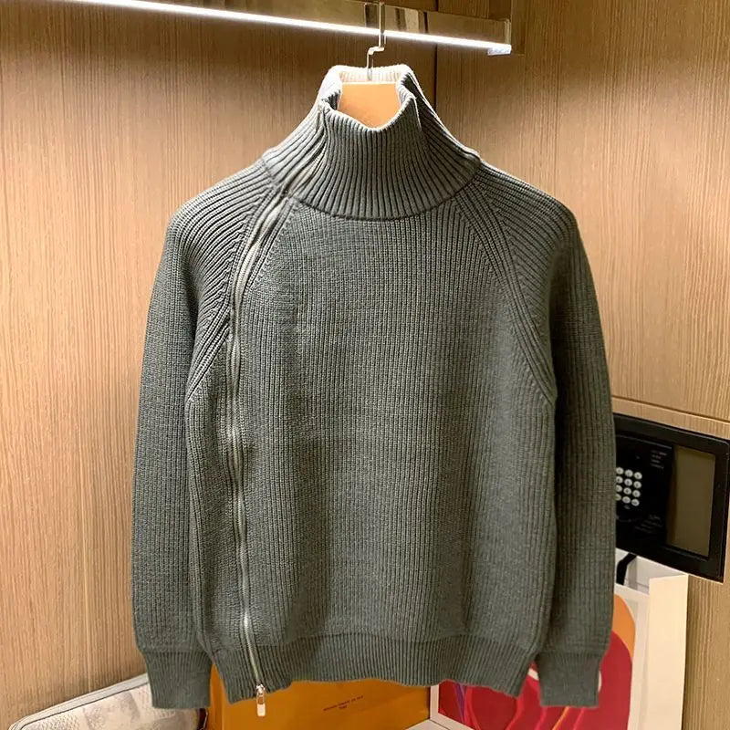2025 Trendy Brand Solid Color Half Turtleneck Sweater for Men in Winter Personalized Side Zipper Sweater Design Warm Top