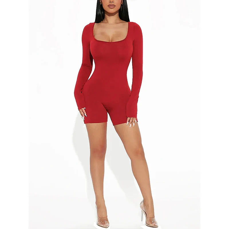 2025 Spring and Summer New Fashion Women's Long Sleeve Jumpsuit Shorts  Long Sleeve Sexy Slim Jumpsuit U Neck Jumpsuit